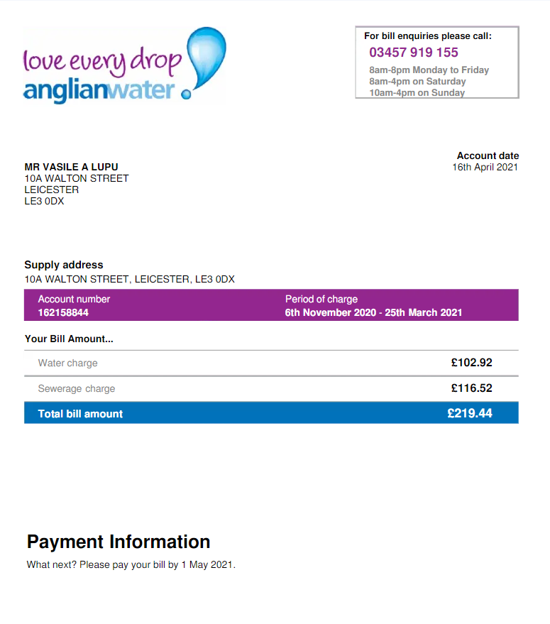 USA ANGLIAN WATER utility bill Word and PDF template